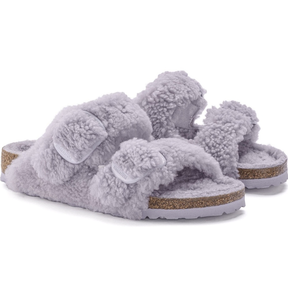 NEW Birkenstock Arizona Shearling Sandals In Purple Fog, Size 7/7.5 (38 EU) - Picture 2 of 15